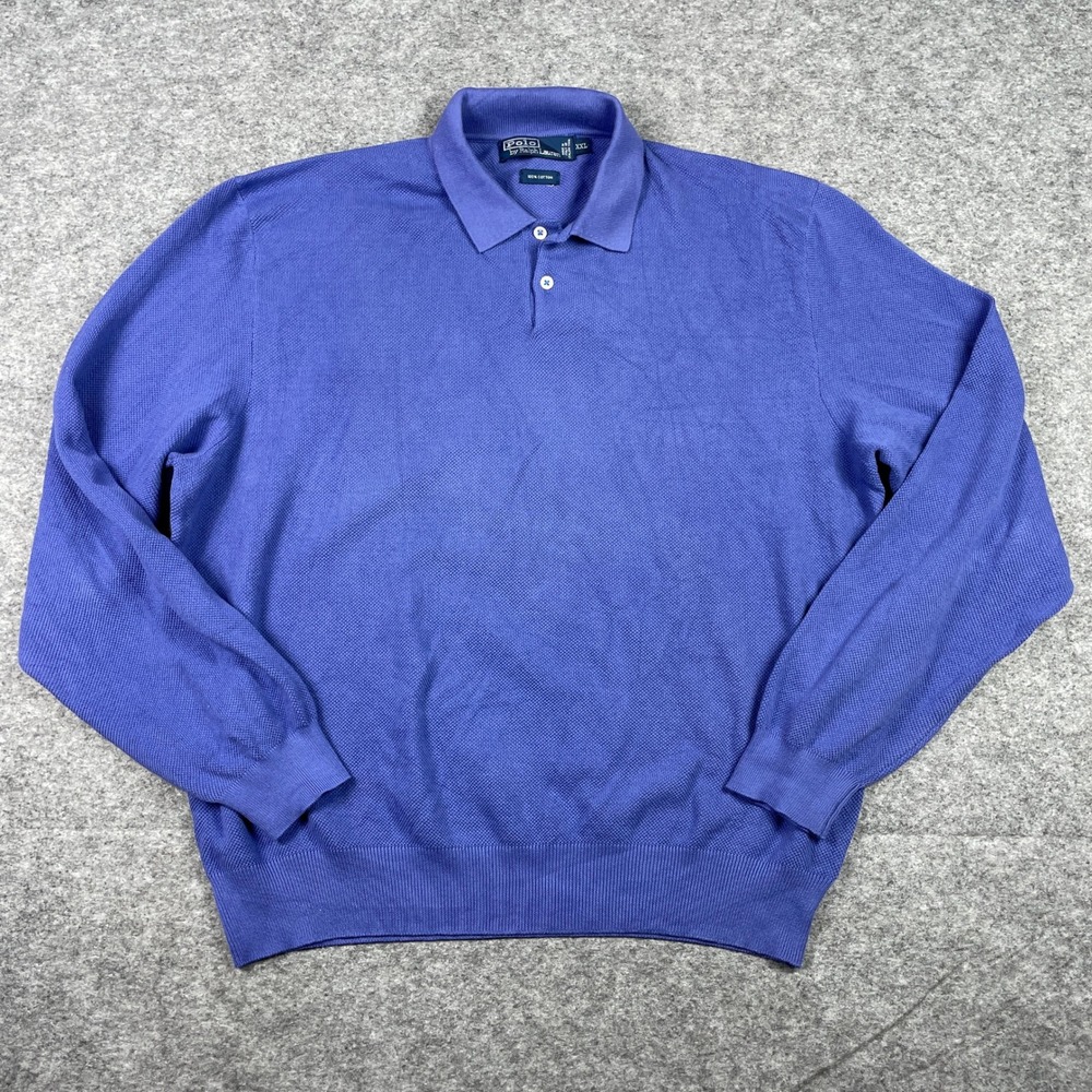 Polo Ralph Lauren Sweater Mens XXL Blue Long Sleeve Knit Polo Italian Yarn 90s
